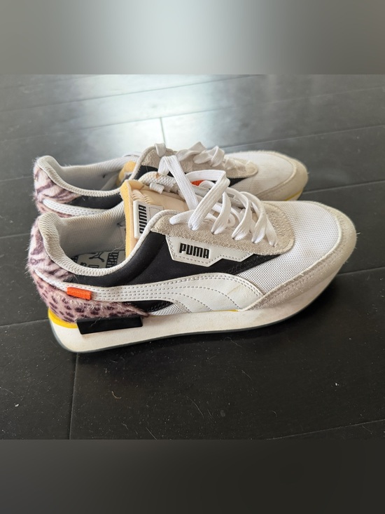 Puma Shoes - Puma White Black & Yellow Sneakers with Leopard Accent